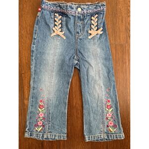 Bongo Toddler Girls Floral Embroidered Lace Up Denim Jeans Blue 24M